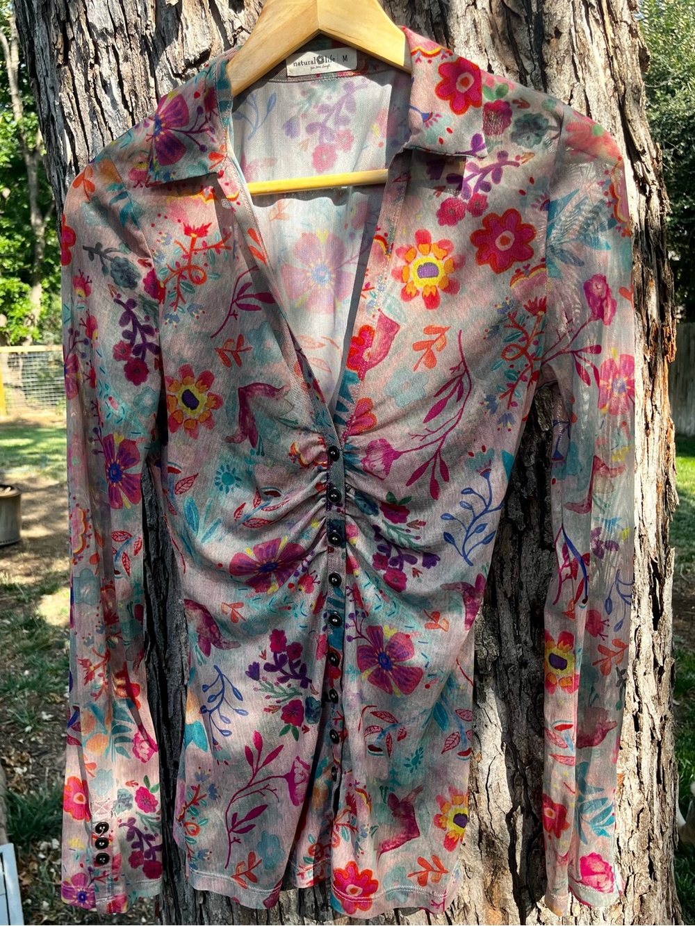 Sheer Floral Ruched Button-Front Long Sleeve Top by Natural Life Size M